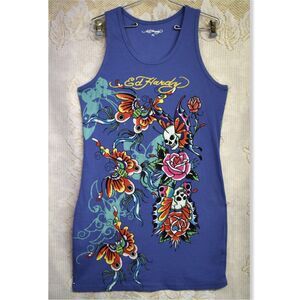 Ed Hardy Womens Sz XL Tank Dress Blue Decal Skulls Butterflies Roses Streetwear